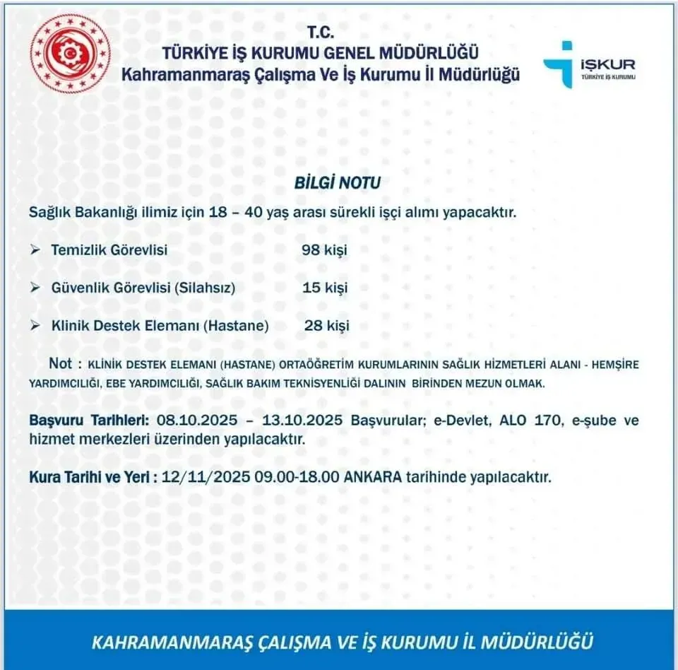 Saglik Bakanligi Kahramanmarasta 141 Surekli Isci Alacak