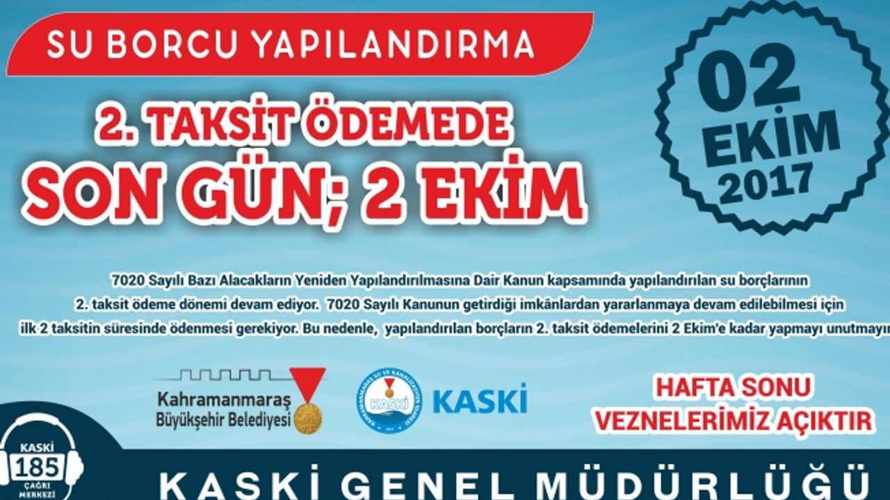 Yapılandırma 2. Taksit ödemede son gün; 2 Ekim