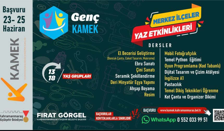 Kahramanmaraşlı Gençlere Büyük Fırsat! Genç KAMEK Yaz Kurslarında 24 Farklı Atölye İçin Başvurular Başladı