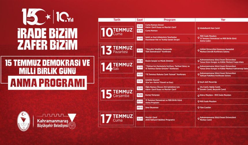 Kahramanmaraş’ta 15 Temmuz’un 10. Yılında Bir Haftalık Anma Programı